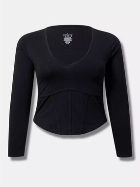 torrid Black Long Sleeve V-Neck Corset-Seamed Top